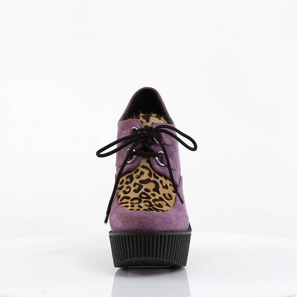 Demonia Women's Creeper-304 Wedge Oxford Shoes - Purple Vegan Suede/Animal D6148-32US Clearance